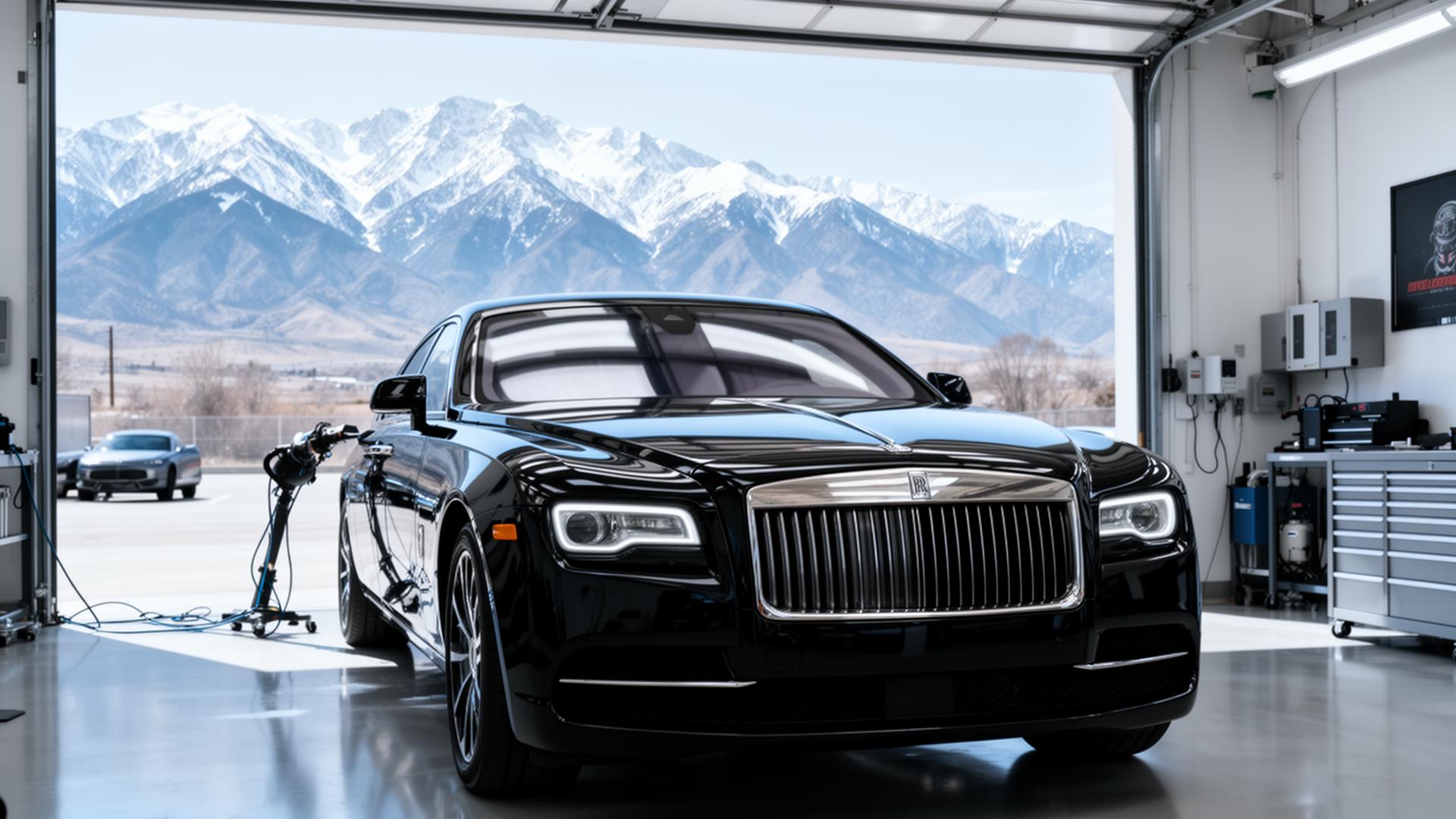 Luxury car being detailed in a Salt Lake City studio with the Wasatch mountains visible through the open bay